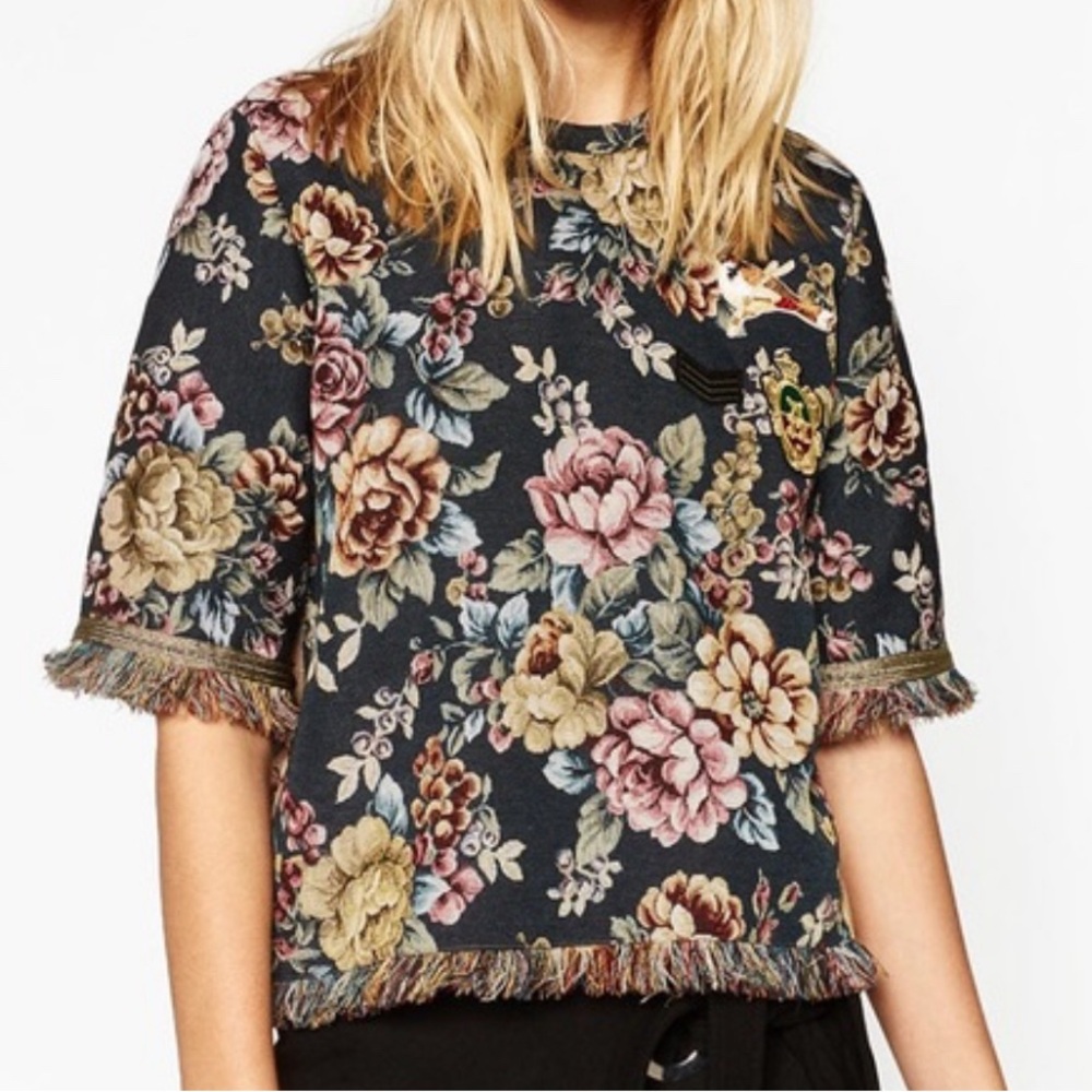 Zara Jacquard Top Women's Size M Floral Tapestry Frayed Fringed Short Sleeve